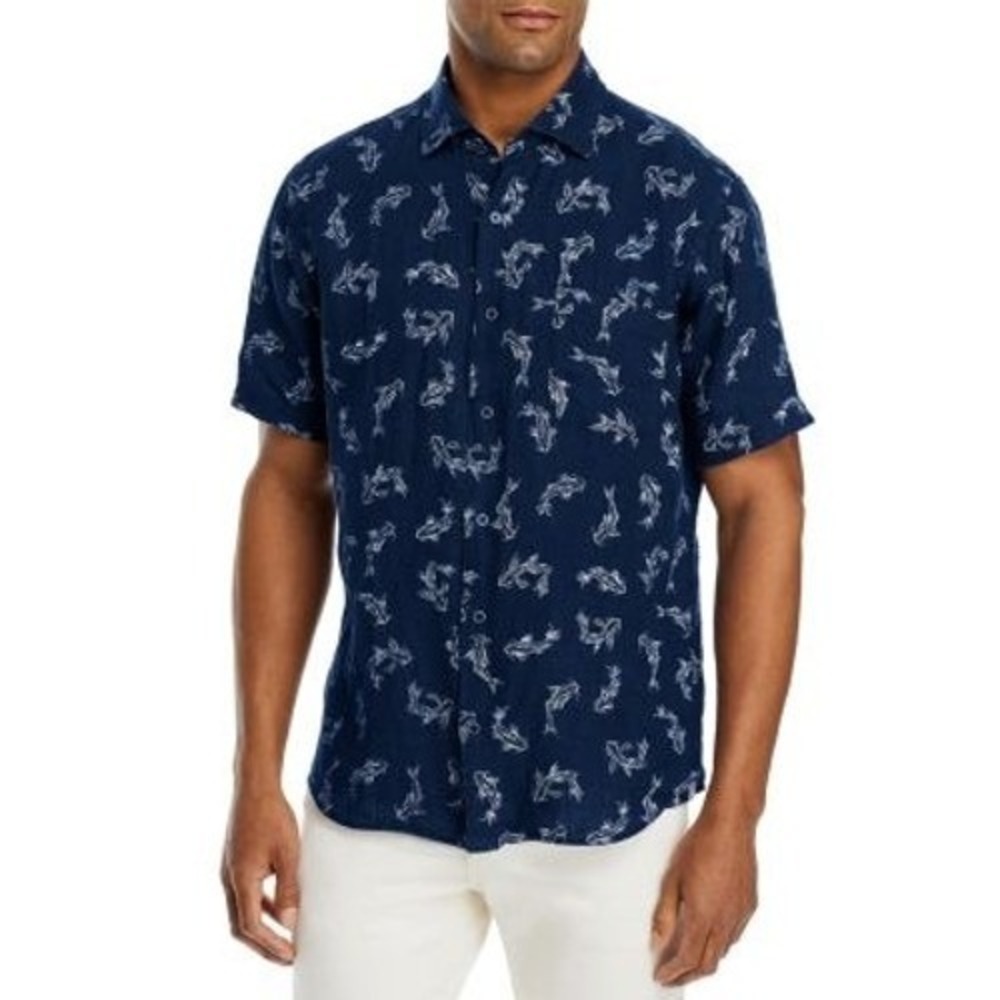 Peter Millar Secret Cove 100%‎ Linen Fish Mens Blue White Short Sleeve Shirt L